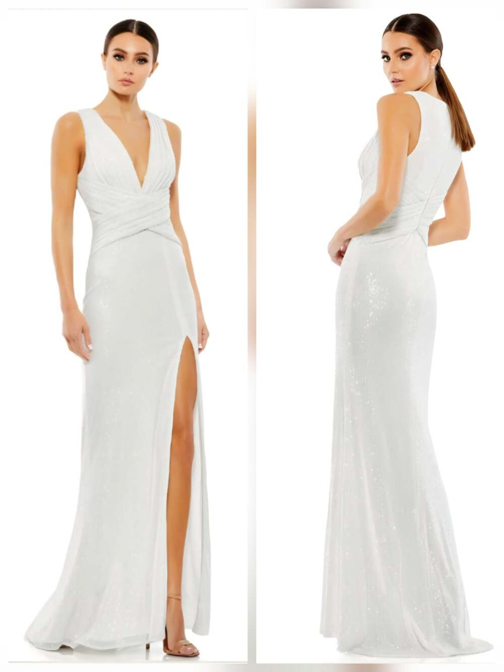 Mac Duggal - White dress with V-neckline and sequins, crossover style.